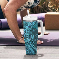 Hawaiian Manta Ray and Polynesian Tribal Tattoo Tumbler With Handle Turquoise Color