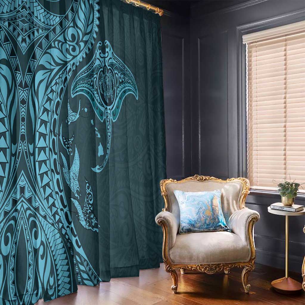 Hawaiian Manta Ray and Polynesian Tribal Tattoo Window Curtain Turquoise Color LT03 - Polynesian Pride