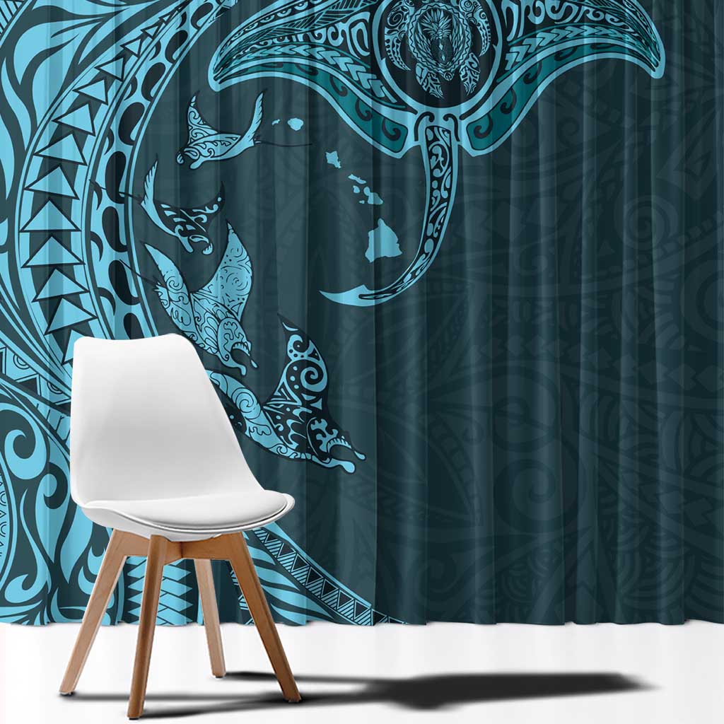 Hawaiian Manta Ray and Polynesian Tribal Tattoo Window Curtain Turquoise Color LT03 - Polynesian Pride
