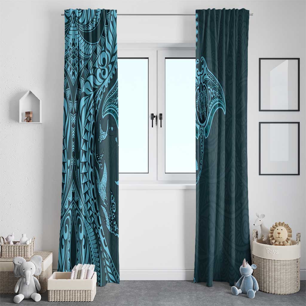 Hawaiian Manta Ray and Polynesian Tribal Tattoo Window Curtain Turquoise Color LT03 - Polynesian Pride
