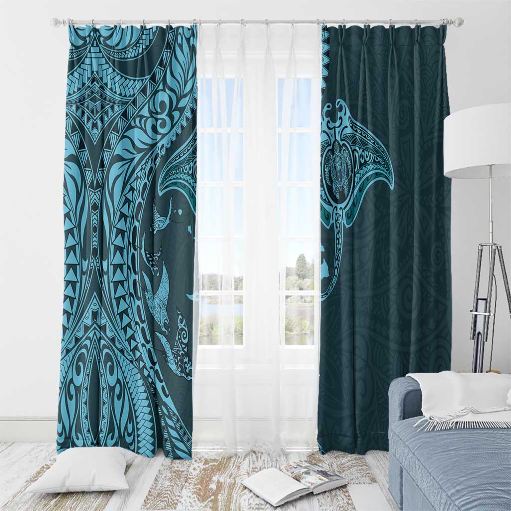 Hawaiian Manta Ray and Polynesian Tribal Tattoo Window Curtain Turquoise Color LT03 - Polynesian Pride