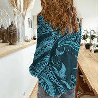 Hawaiian Manta Ray and Polynesian Tribal Tattoo Women Casual Shirt Turquoise Color LT03