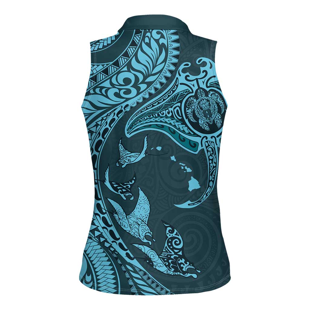 Hawaiian Manta Ray and Polynesian Tribal Tattoo Women Sleeveless Polo Shirt Turquoise Color LT03