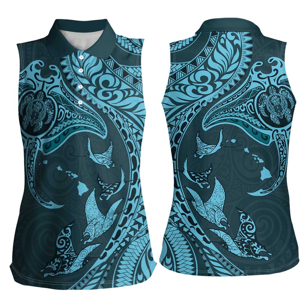 Hawaiian Manta Ray and Polynesian Tribal Tattoo Women Sleeveless Polo Shirt Turquoise Color LT03