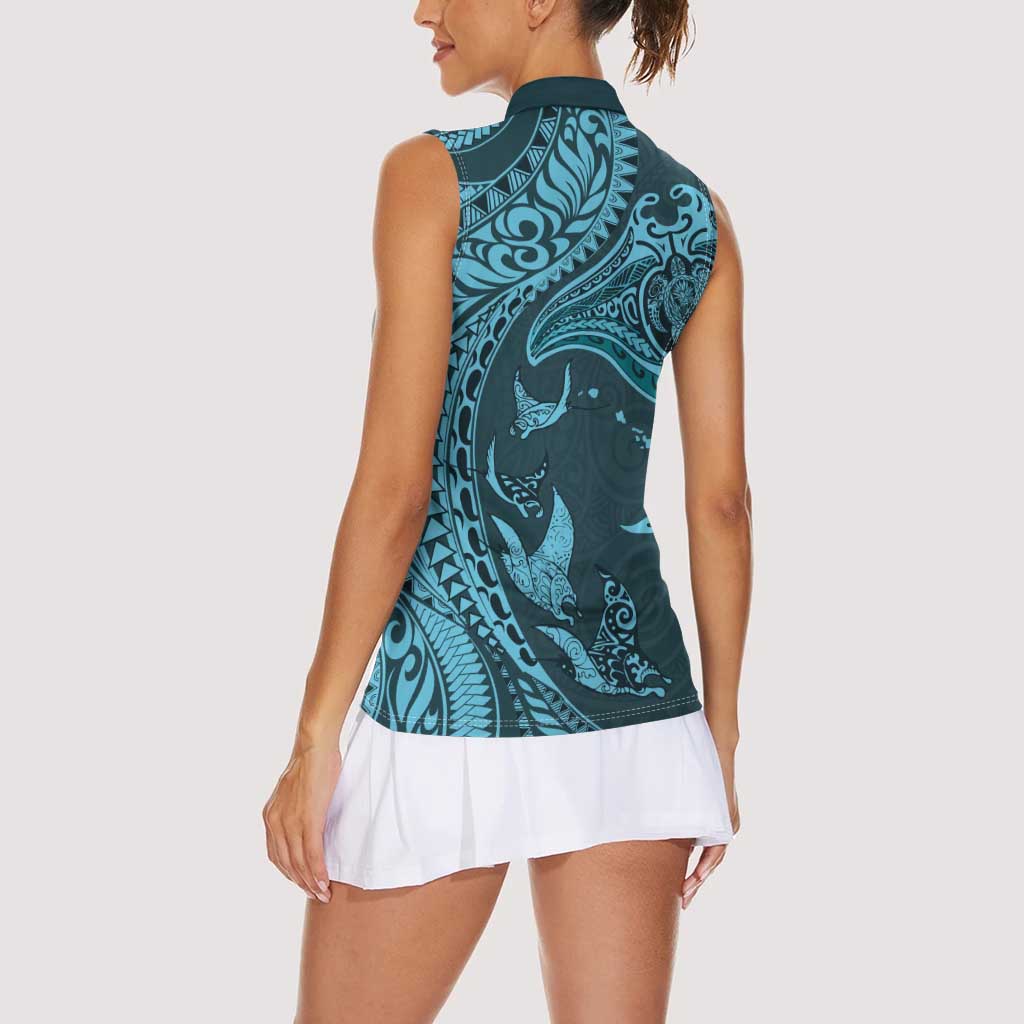 Hawaiian Manta Ray and Polynesian Tribal Tattoo Women Sleeveless Polo Shirt Turquoise Color LT03