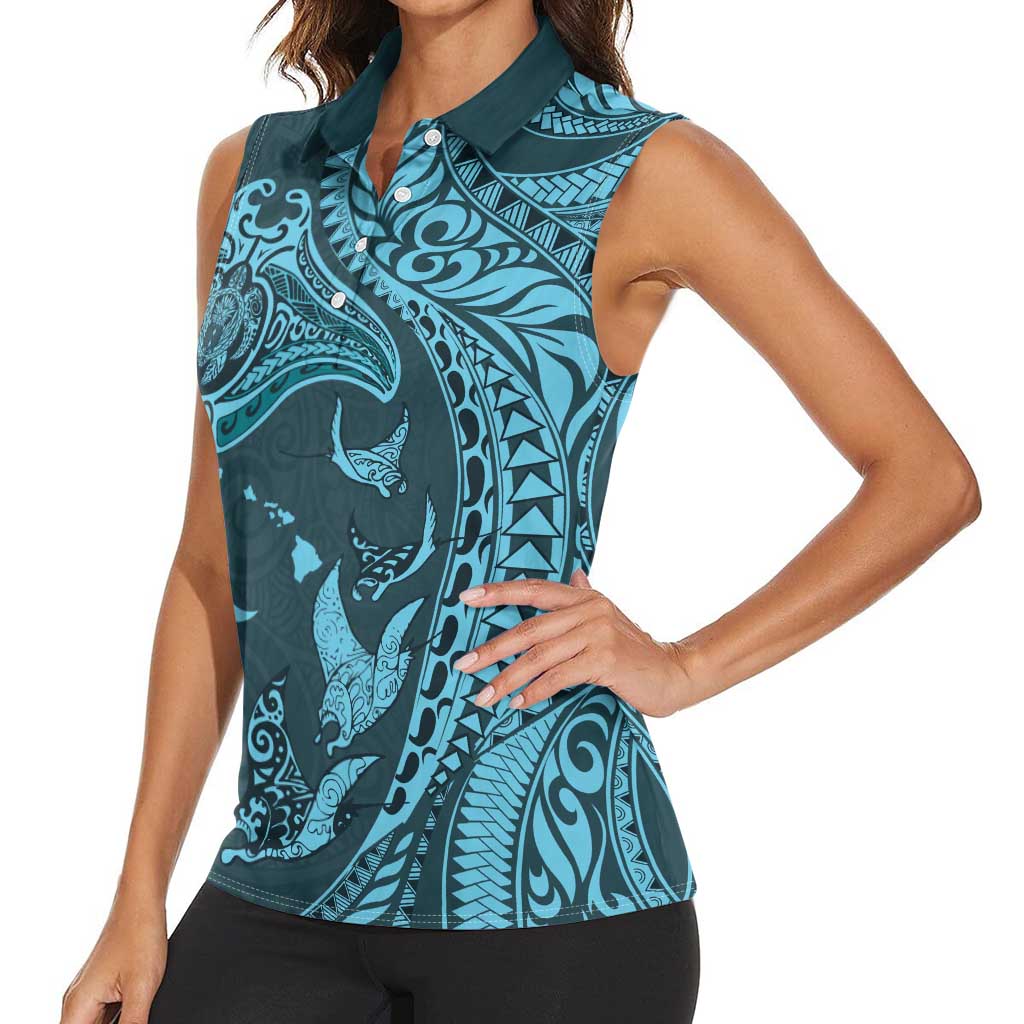 Hawaiian Manta Ray and Polynesian Tribal Tattoo Women Sleeveless Polo Shirt Turquoise Color LT03