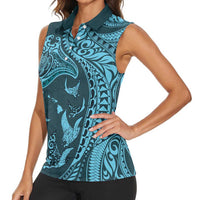 Hawaiian Manta Ray and Polynesian Tribal Tattoo Women Sleeveless Polo Shirt Turquoise Color LT03