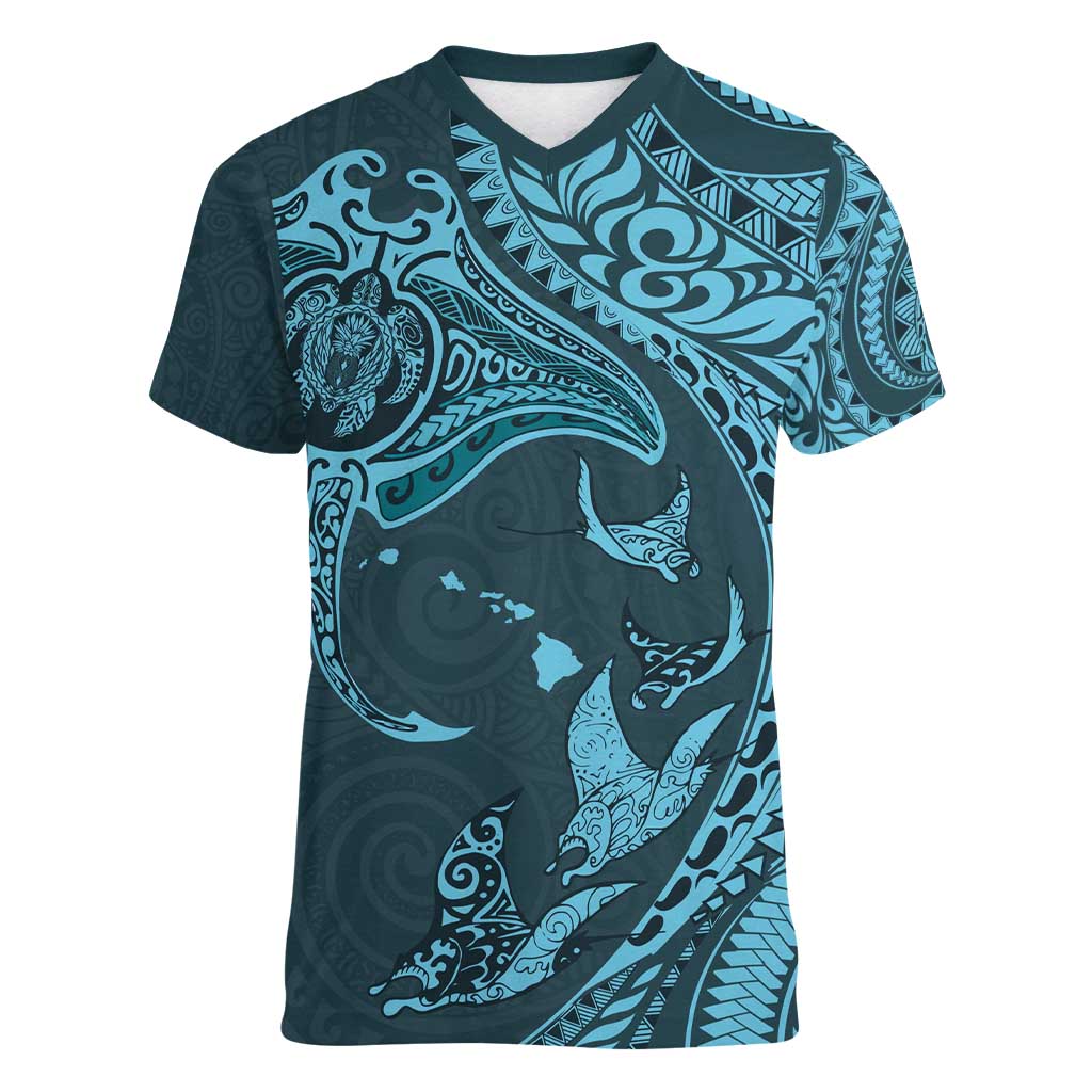 Hawaiian Manta Ray and Polynesian Tribal Tattoo Women V-Neck T-Shirt Turquoise Color LT03