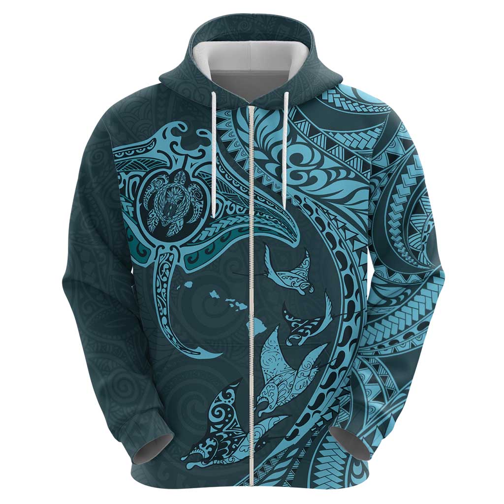 Hawaiian Manta Ray and Polynesian Tribal Tattoo Zip Hoodie Turquoise Color LT03