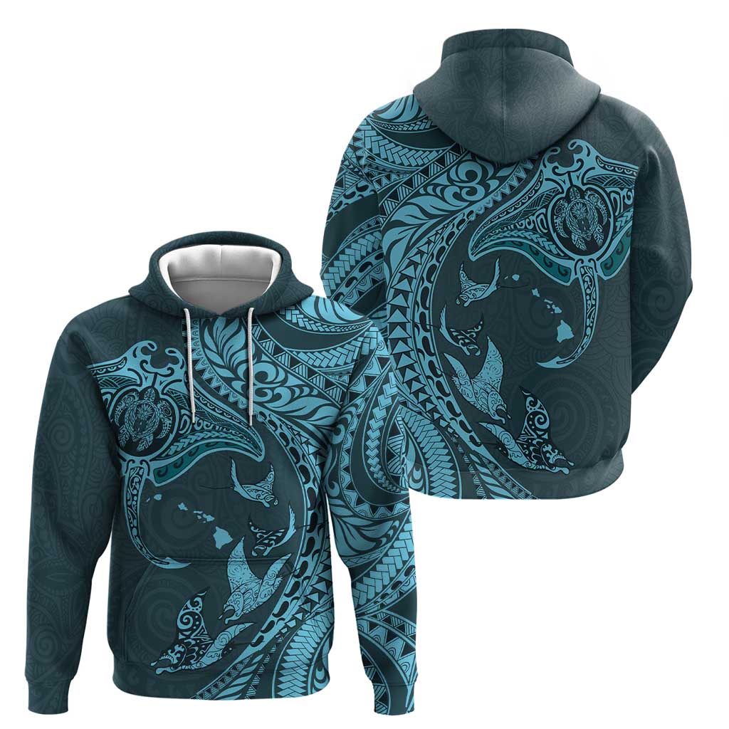 Hawaiian Manta Ray and Polynesian Tribal Tattoo Zip Hoodie Turquoise Color LT03