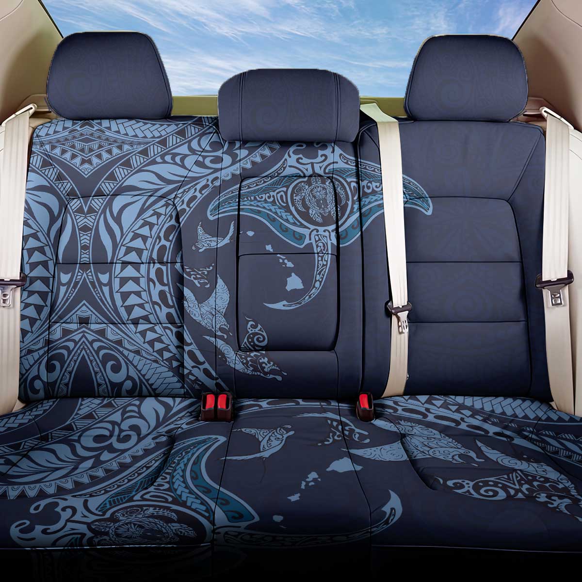 Hawaiian Manta Ray and Polynesian Tribal Tattoo Back Car Seat Cover Dark Navy Color LT03