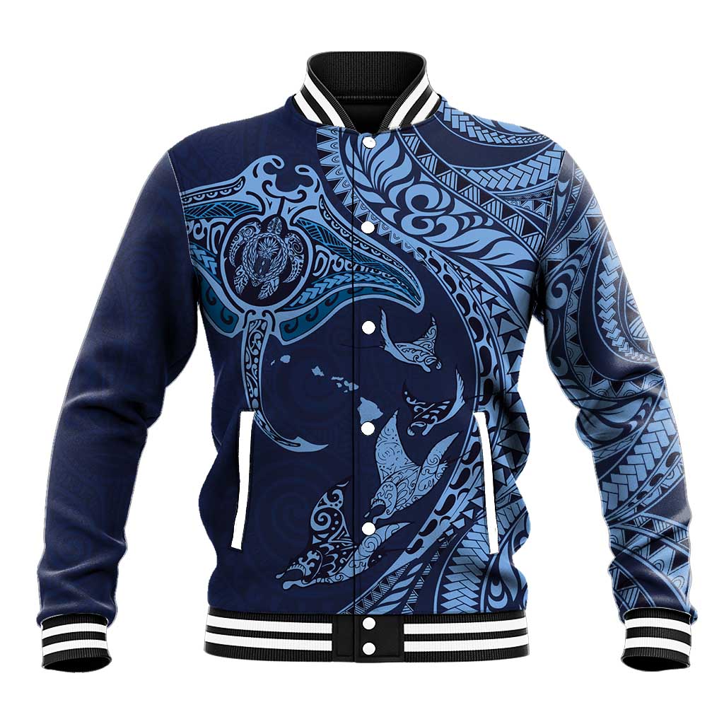 Hawaiian Manta Ray and Polynesian Tribal Tattoo Baseball Jacket Dark Navy Color LT03 Unisex Dark Navy - Polynesian Pride
