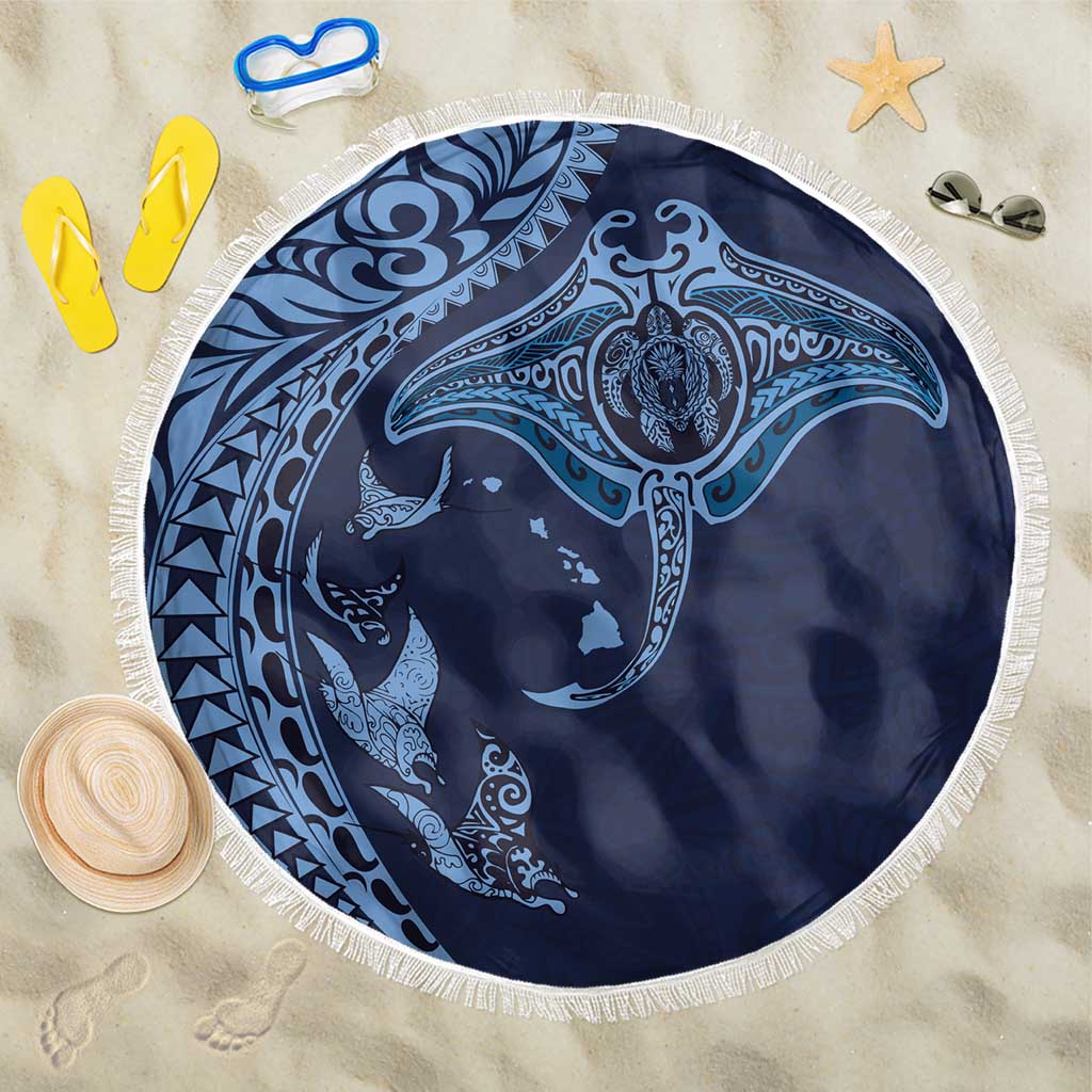 Hawaiian Manta Ray and Polynesian Tribal Tattoo Beach Blanket Dark Navy Color LT03 One Size 150cm Dark Navy - Polynesian Pride