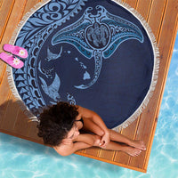 Hawaiian Manta Ray and Polynesian Tribal Tattoo Beach Blanket Dark Navy Color LT03 - Polynesian Pride