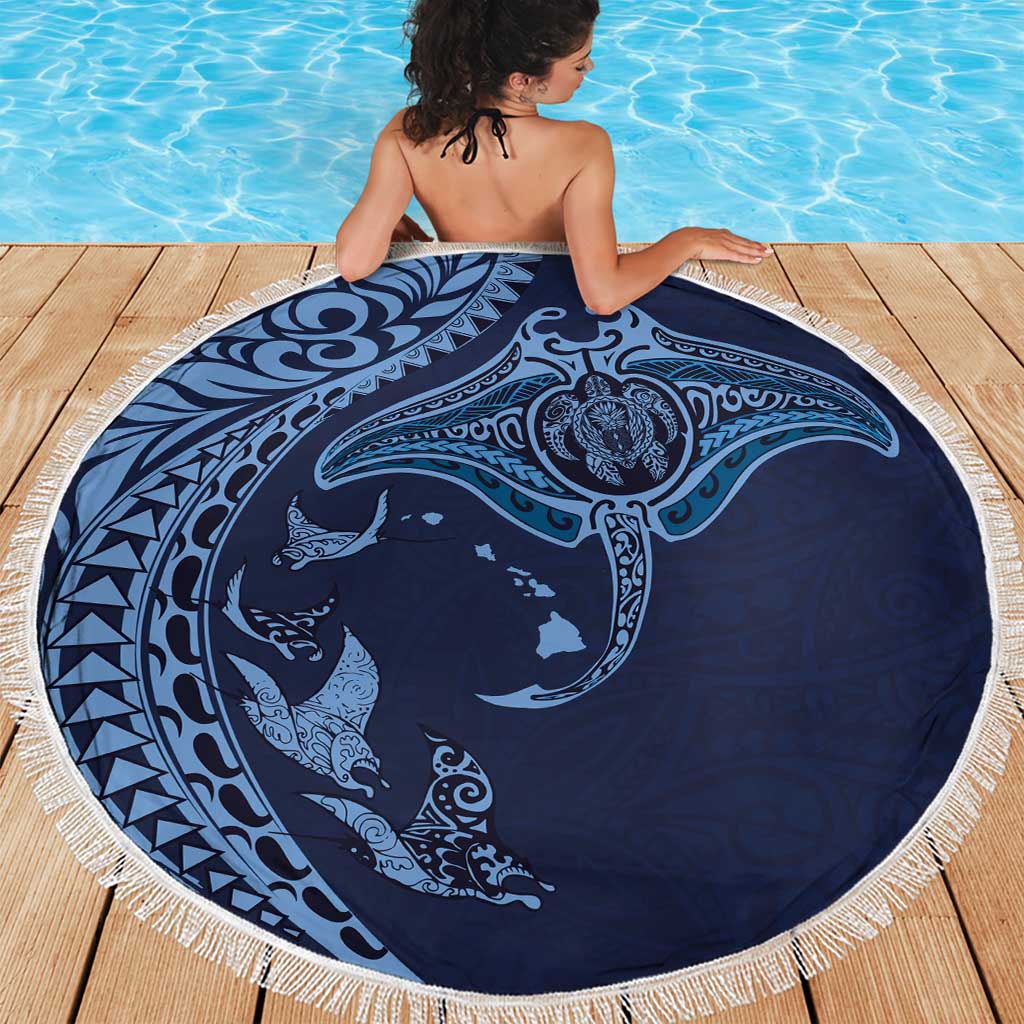 Hawaiian Manta Ray and Polynesian Tribal Tattoo Beach Blanket Dark Navy Color LT03 - Polynesian Pride