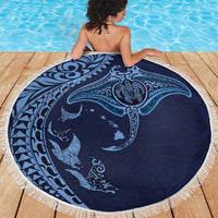 Hawaiian Manta Ray and Polynesian Tribal Tattoo Beach Blanket Dark Navy Color LT03 - Polynesian Pride