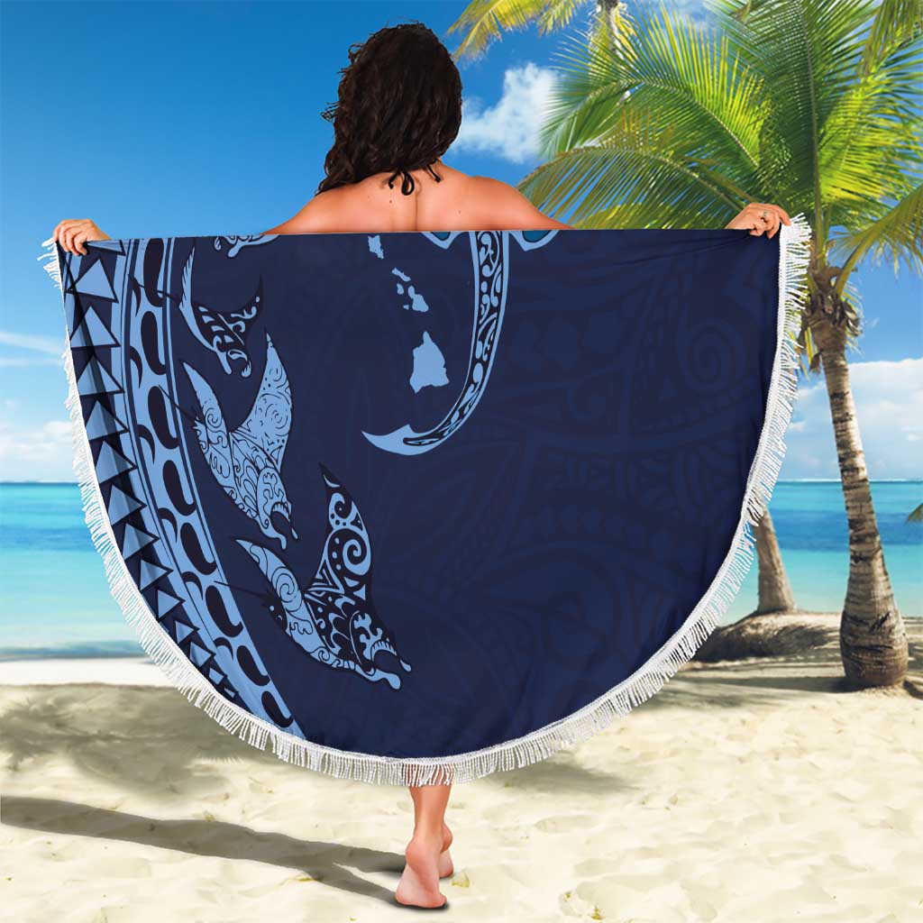 Hawaiian Manta Ray and Polynesian Tribal Tattoo Beach Blanket Dark Navy Color LT03 - Polynesian Pride