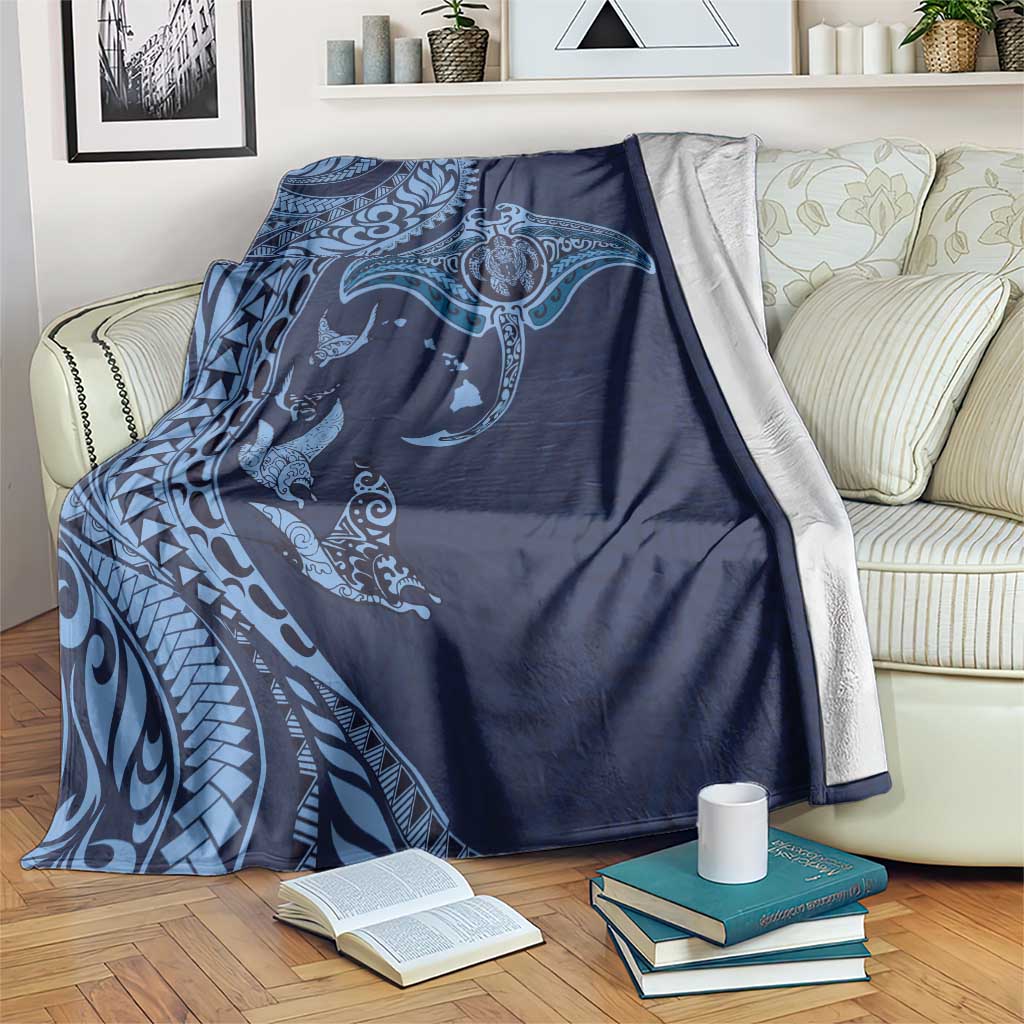 Hawaiian Manta Ray and Polynesian Tribal Tattoo Blanket Dark Navy Color LT03 Dark Navy - Polynesian Pride