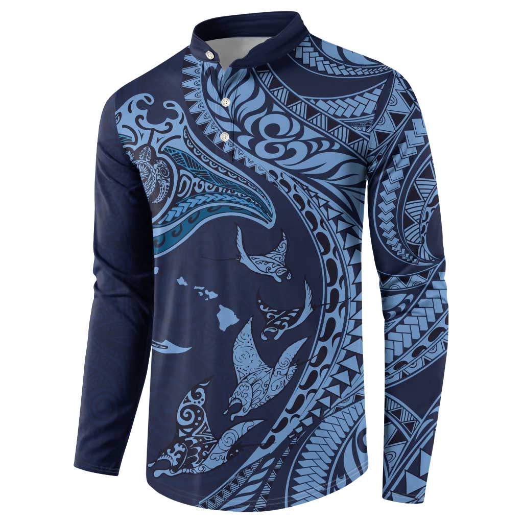 Hawaiian Manta Ray and Polynesian Tribal Tattoo Button Sweatshirt Dark Navy Color LT03 - Polynesian Pride