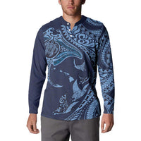 Hawaiian Manta Ray and Polynesian Tribal Tattoo Button Sweatshirt Dark Navy Color LT03 - Polynesian Pride