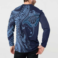 Hawaiian Manta Ray and Polynesian Tribal Tattoo Button Sweatshirt Dark Navy Color LT03 - Polynesian Pride
