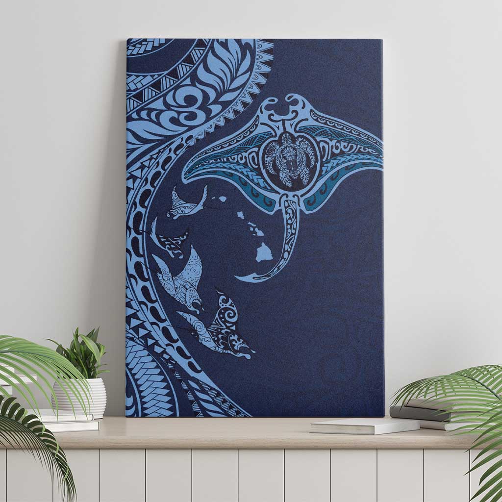 Hawaiian Manta Ray and Polynesian Tribal Tattoo Canvas Wall Art Dark Navy Color LT03 - Polynesian Pride