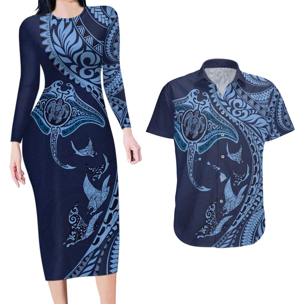 Hawaiian Manta Ray and Polynesian Tribal Tattoo Couples Matching Long Sleeve Bodycon Dress and Hawaiian Shirt Dark Navy Color LT03