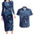 Hawaiian Manta Ray and Polynesian Tribal Tattoo Couples Matching Long Sleeve Bodycon Dress and Hawaiian Shirt Dark Navy Color LT03