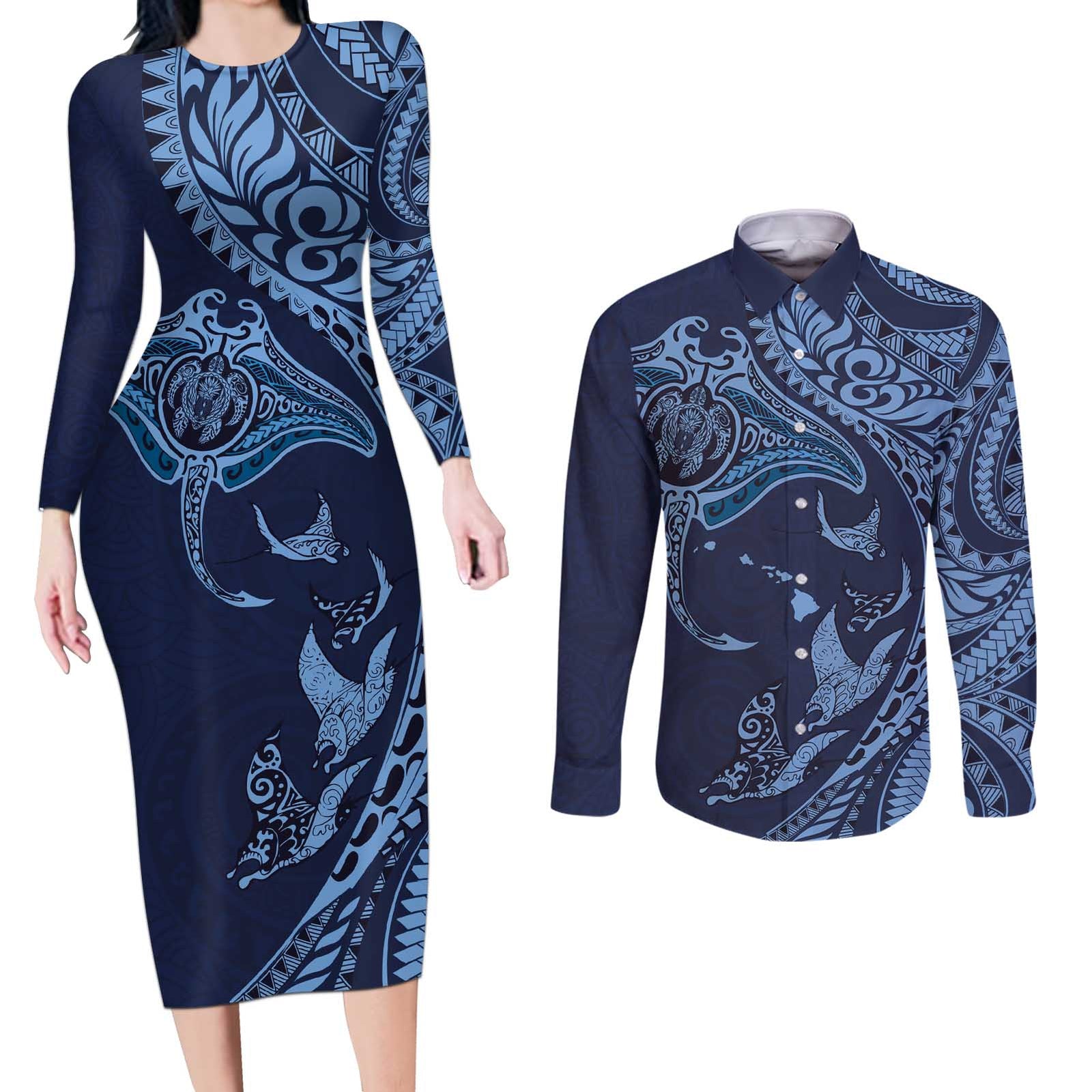 Hawaiian Manta Ray and Polynesian Tribal Tattoo Couples Matching Long Sleeve Bodycon Dress and Long Sleeve Button Shirt Dark Navy Color LT03 Dark Navy - Polynesian Pride