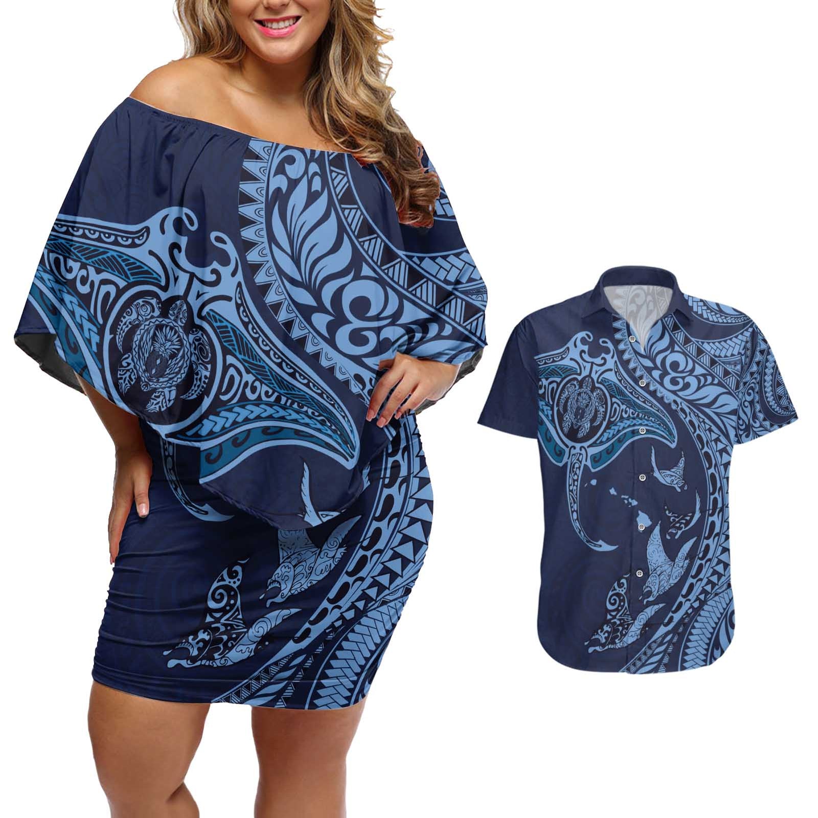 Hawaiian Manta Ray and Polynesian Tribal Tattoo Couples Matching Off Shoulder Short Dress and Hawaiian Shirt Dark Navy Color LT03 Dark Navy - Polynesian Pride