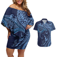 Hawaiian Manta Ray and Polynesian Tribal Tattoo Couples Matching Off Shoulder Short Dress and Hawaiian Shirt Dark Navy Color LT03 Dark Navy - Polynesian Pride