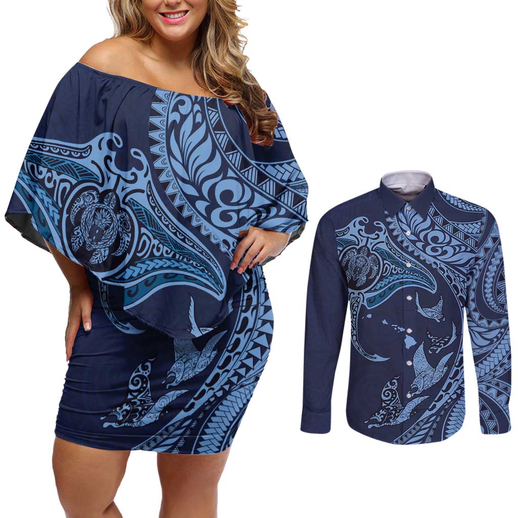 Hawaiian Manta Ray and Polynesian Tribal Tattoo Couples Matching Off Shoulder Short Dress and Long Sleeve Button Shirt Dark Navy Color LT03 Dark Navy - Polynesian Pride