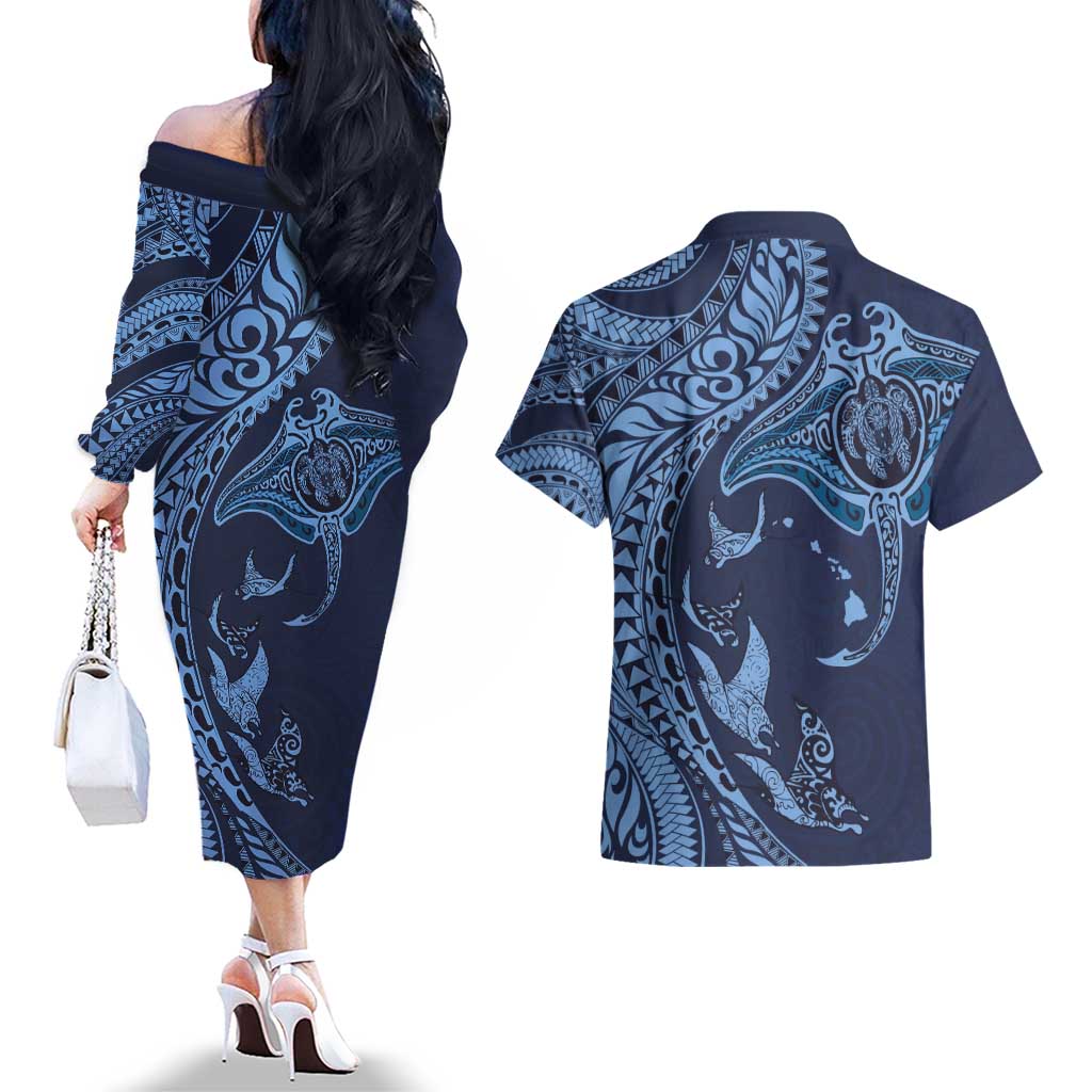 Hawaiian Manta Ray and Polynesian Tribal Tattoo Couples Matching Off The Shoulder Long Sleeve Dress and Hawaiian Shirt Dark Navy Color LT03 - Polynesian Pride