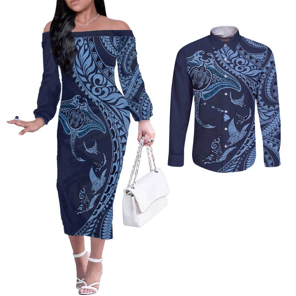 Hawaiian Manta Ray and Polynesian Tribal Tattoo Couples Matching Off The Shoulder Long Sleeve Dress and Long Sleeve Button Shirt Dark Navy Color LT03 Dark Navy - Polynesian Pride