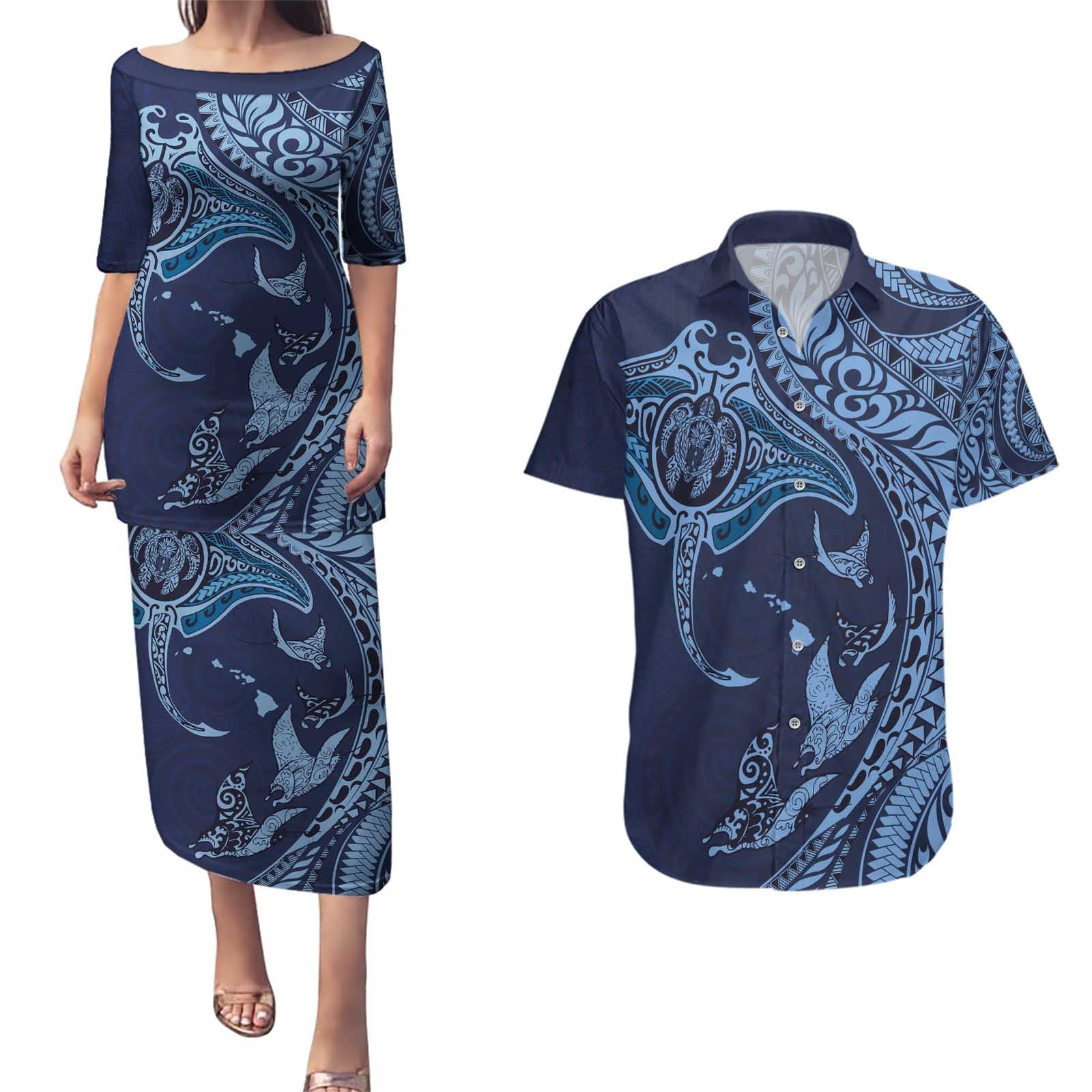 Hawaiian Manta Ray and Polynesian Tribal Tattoo Couples Matching Puletasi and Hawaiian Shirt Dark Navy Color LT03 Dark Navy - Polynesian Pride