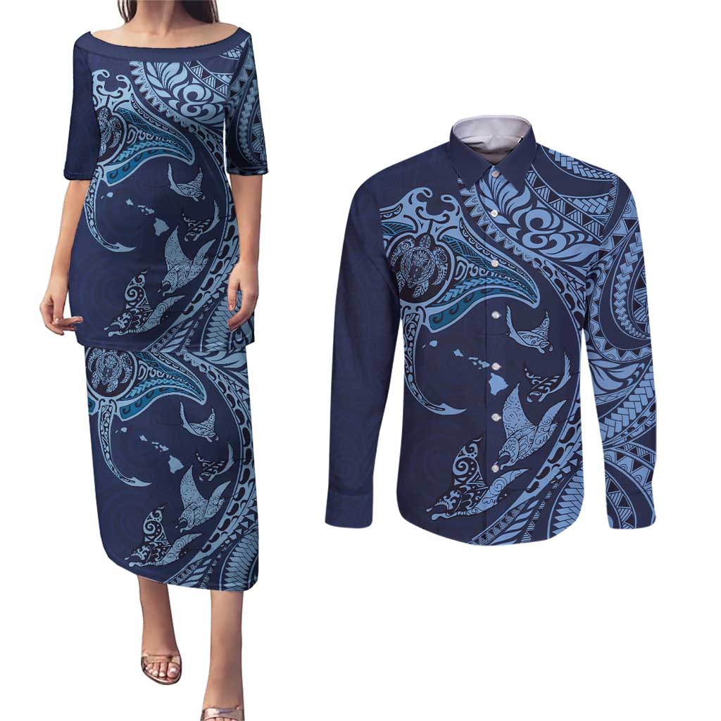 Hawaiian Manta Ray and Polynesian Tribal Tattoo Couples Matching Puletasi and Long Sleeve Button Shirt Dark Navy Color LT03 Dark Navy - Polynesian Pride