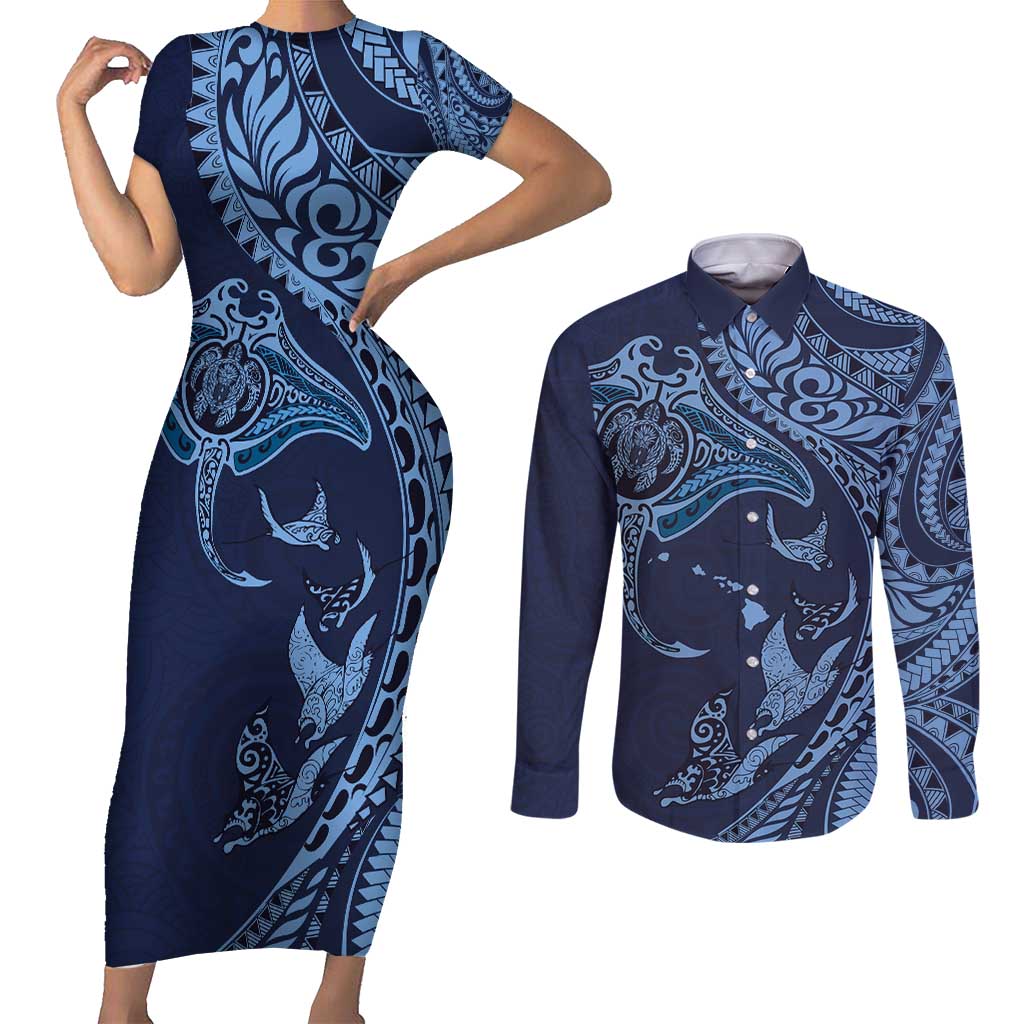 Hawaiian Manta Ray and Polynesian Tribal Tattoo Couples Matching Short Sleeve Bodycon Dress and Long Sleeve Button Shirt Dark Navy Color LT03 Dark Navy - Polynesian Pride
