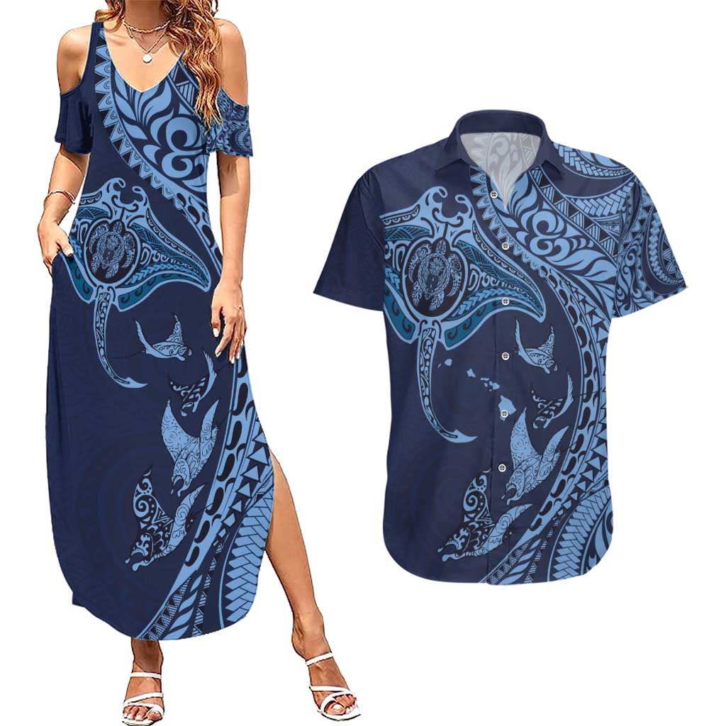 Hawaiian Manta Ray and Polynesian Tribal Tattoo Couples Matching Summer Maxi Dress and Hawaiian Shirt Dark Navy Color LT03 Dark Navy - Polynesian Pride