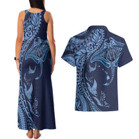 Hawaiian Manta Ray and Polynesian Tribal Tattoo Couples Matching Tank Maxi Dress and Hawaiian Shirt Dark Navy Color LT03 - Polynesian Pride