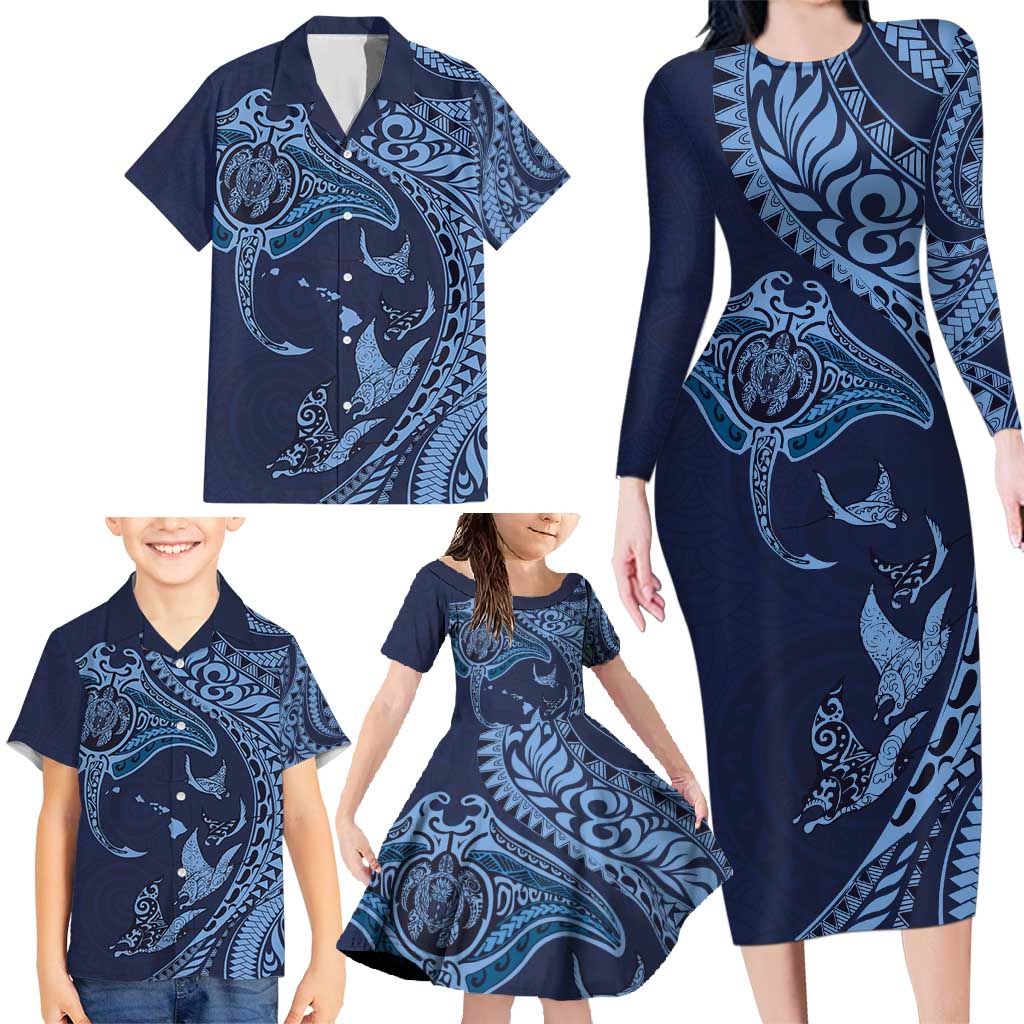 Hawaiian Manta Ray and Polynesian Tribal Tattoo Family Matching Long Sleeve Bodycon Dress and Hawaiian Shirt Dark Navy Color LT03