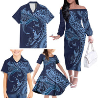 Hawaiian Manta Ray and Polynesian Tribal Tattoo Family Matching Off The Shoulder Long Sleeve Dress and Hawaiian Shirt Dark Navy Color LT03