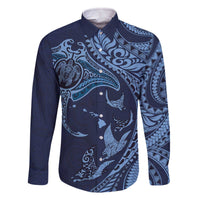 Hawaiian Manta Ray and Polynesian Tribal Tattoo Family Matching Off The Shoulder Long Sleeve Dress and Hawaiian Shirt Dark Navy Color LT03