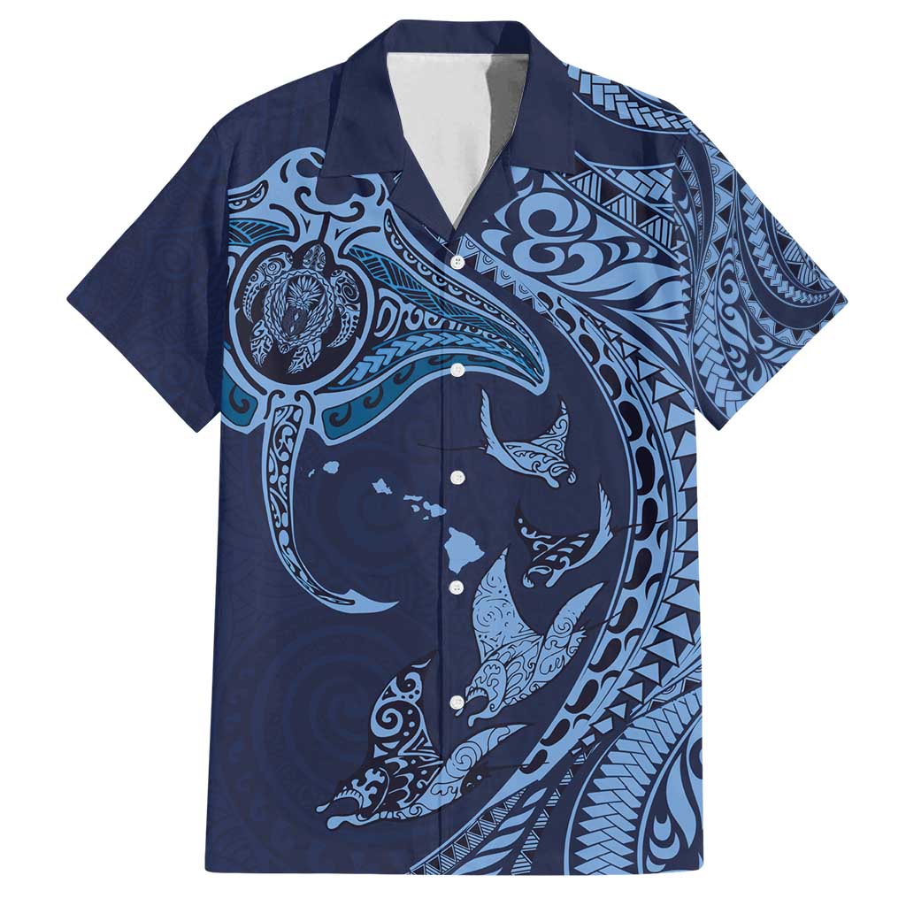 Hawaiian Manta Ray and Polynesian Tribal Tattoo Family Matching Off Shoulder Maxi Dress and Hawaiian Shirt Dark Navy Color LT03