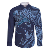 Hawaiian Manta Ray and Polynesian Tribal Tattoo Family Matching Off Shoulder Maxi Dress and Hawaiian Shirt Dark Navy Color LT03