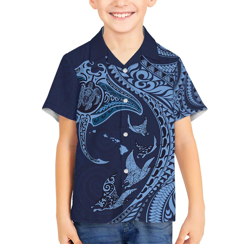 Hawaiian Manta Ray and Polynesian Tribal Tattoo Family Matching Off Shoulder Maxi Dress and Hawaiian Shirt Dark Navy Color LT03