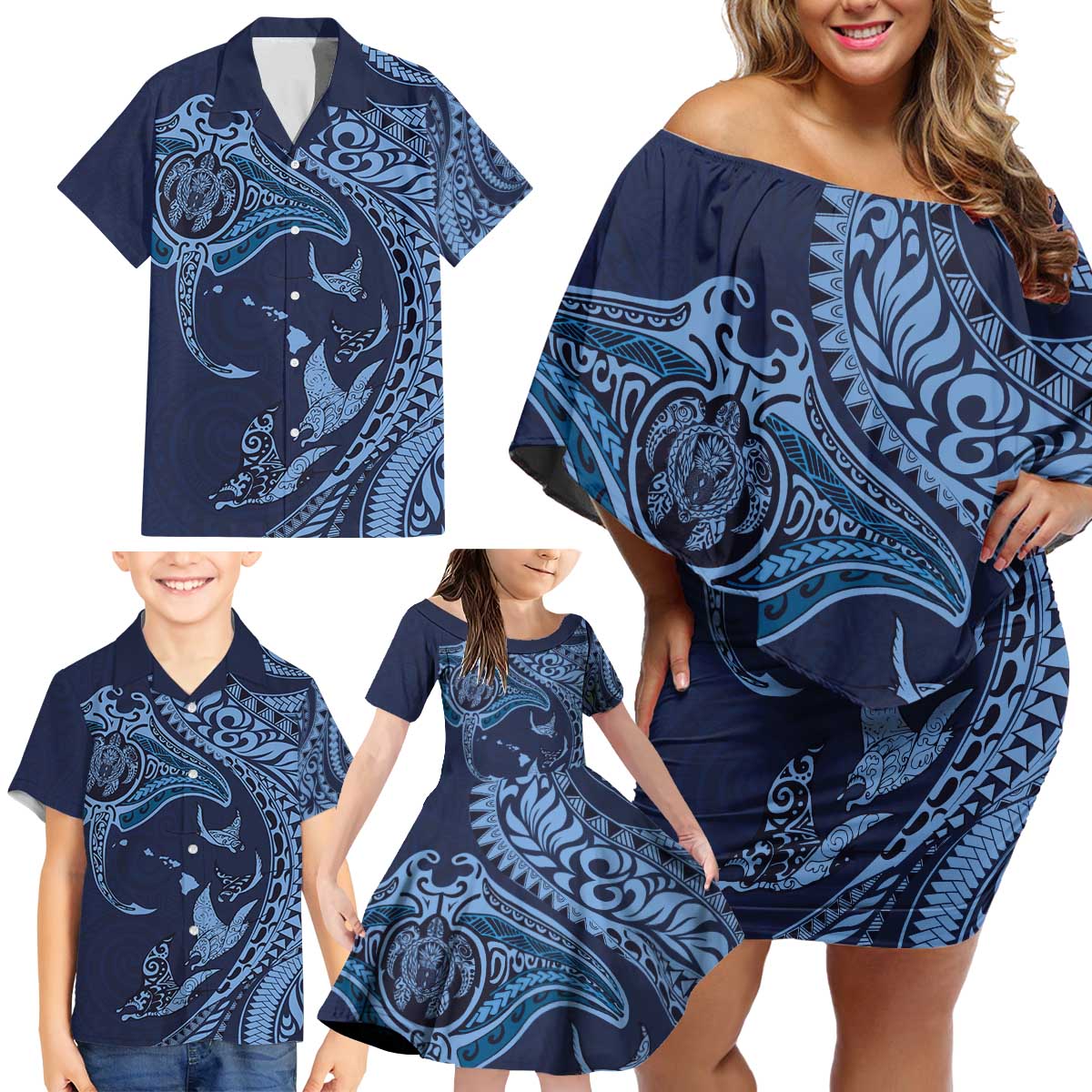 Hawaiian Manta Ray and Polynesian Tribal Tattoo Family Matching Off Shoulder Short Dress and Hawaiian Shirt Dark Navy Color LT03 - Polynesian Pride