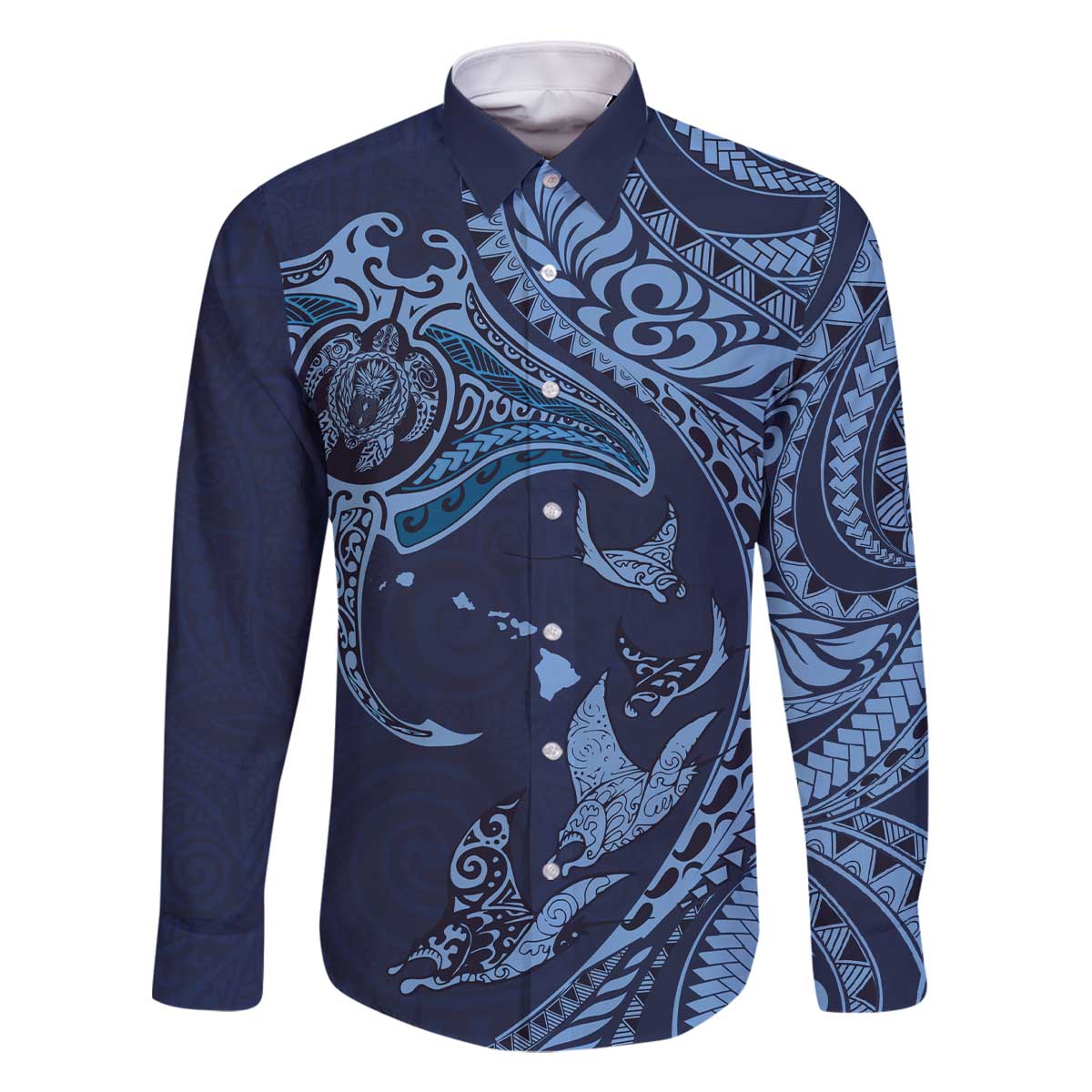 Hawaiian Manta Ray and Polynesian Tribal Tattoo Family Matching Off Shoulder Short Dress and Hawaiian Shirt Dark Navy Color LT03