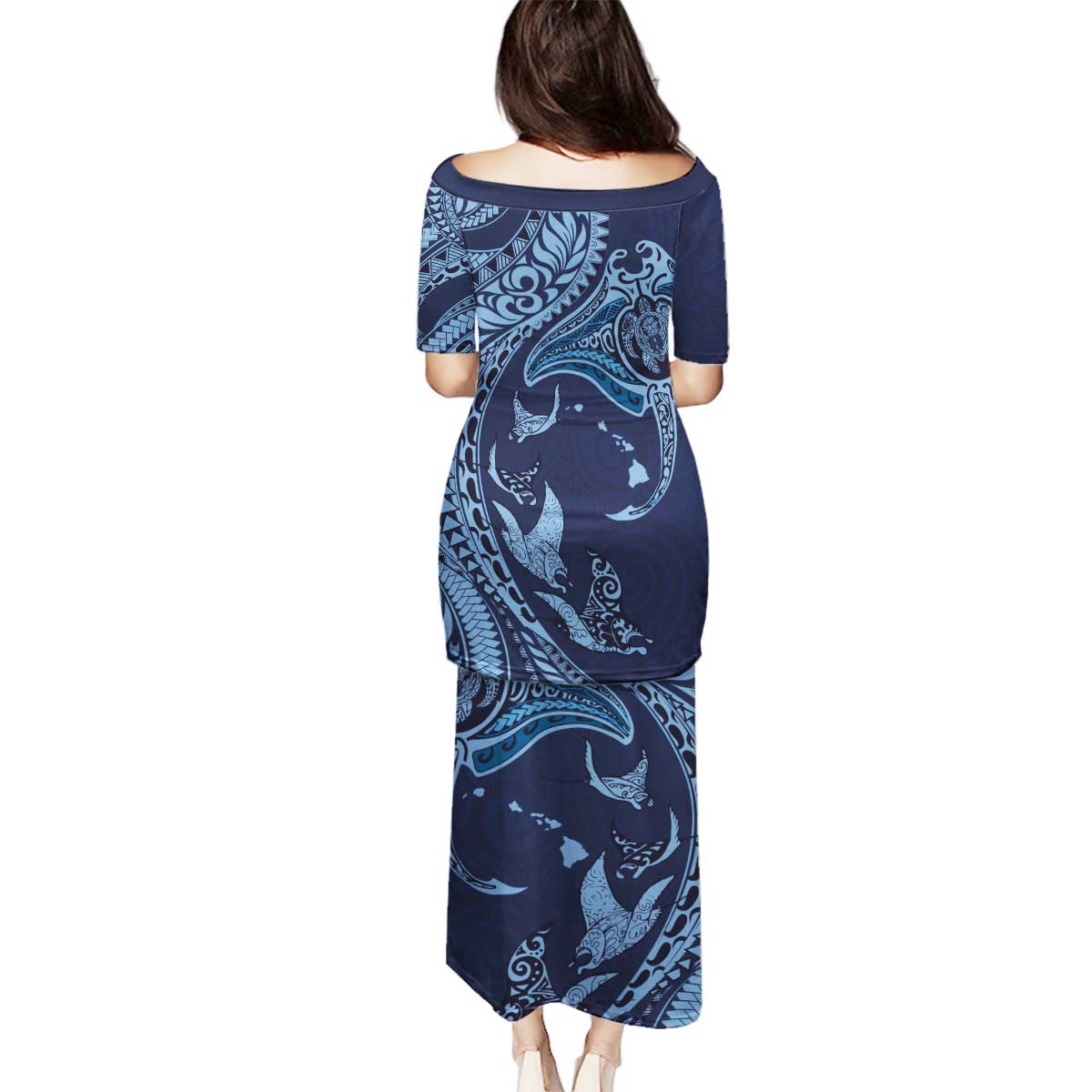 Hawaiian Manta Ray and Polynesian Tribal Tattoo Family Matching Puletasi and Hawaiian Shirt Dark Navy Color LT03