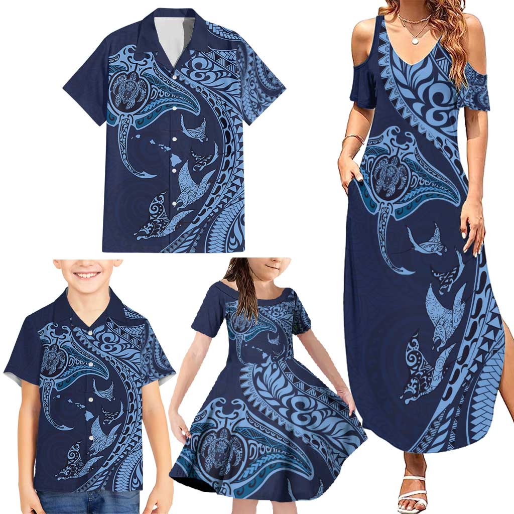 Hawaiian Manta Ray and Polynesian Tribal Tattoo Family Matching Summer Maxi Dress and Hawaiian Shirt Dark Navy Color LT03