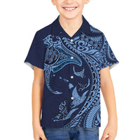 Hawaiian Manta Ray and Polynesian Tribal Tattoo Family Matching Summer Maxi Dress and Hawaiian Shirt Dark Navy Color LT03
